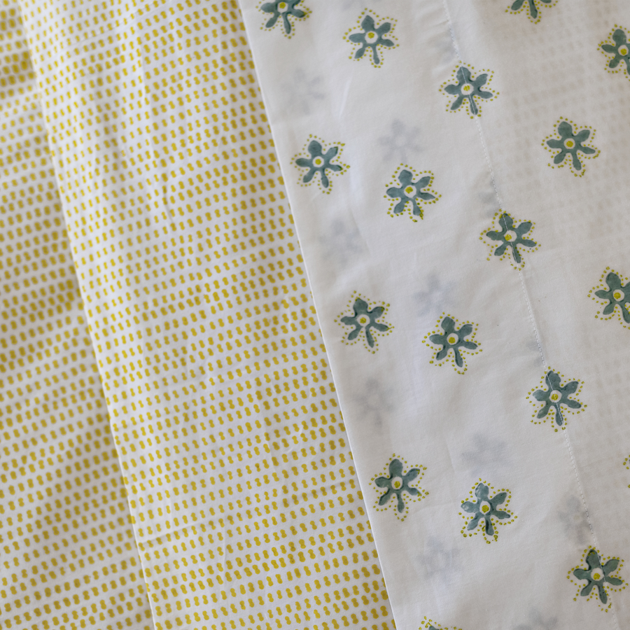 Organic Block-Printed Fitted & Flat Sheets in Forget Me Not