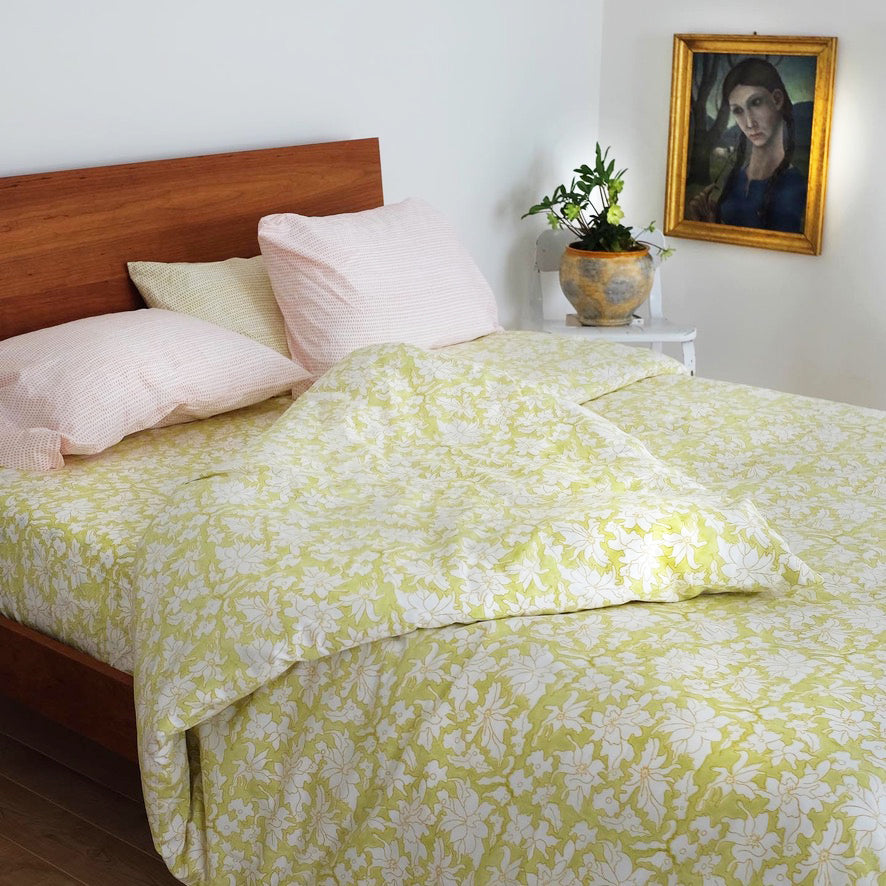 Orchid Hand Block Printed Duvet Cover in Green and Gold