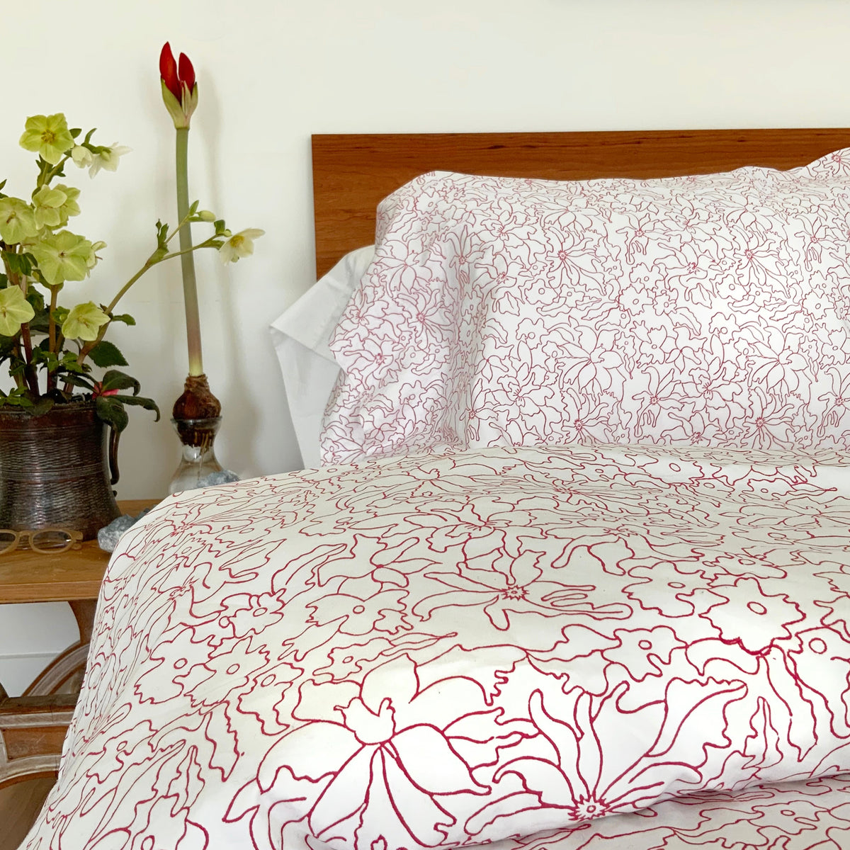 Orchid Hand Block Printed Duvet Cover in Raspberry